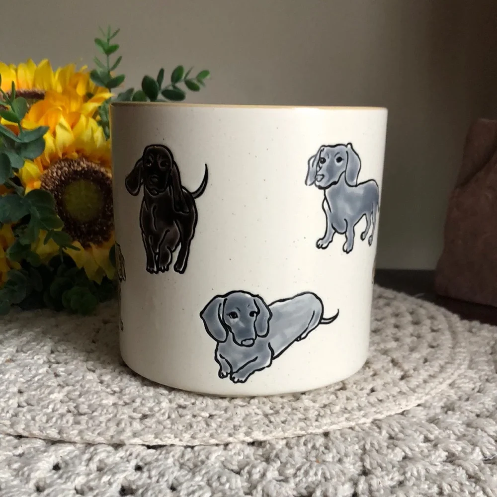 Cream Ceramic Planter Pot with Gray and Brown Dachshund Illustrations